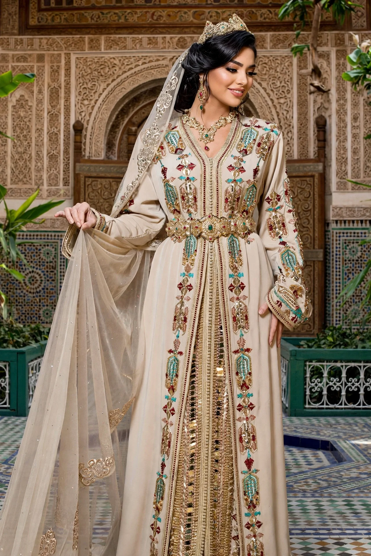 قفطان مغربي أبيض للعروس تطريز ذهبي